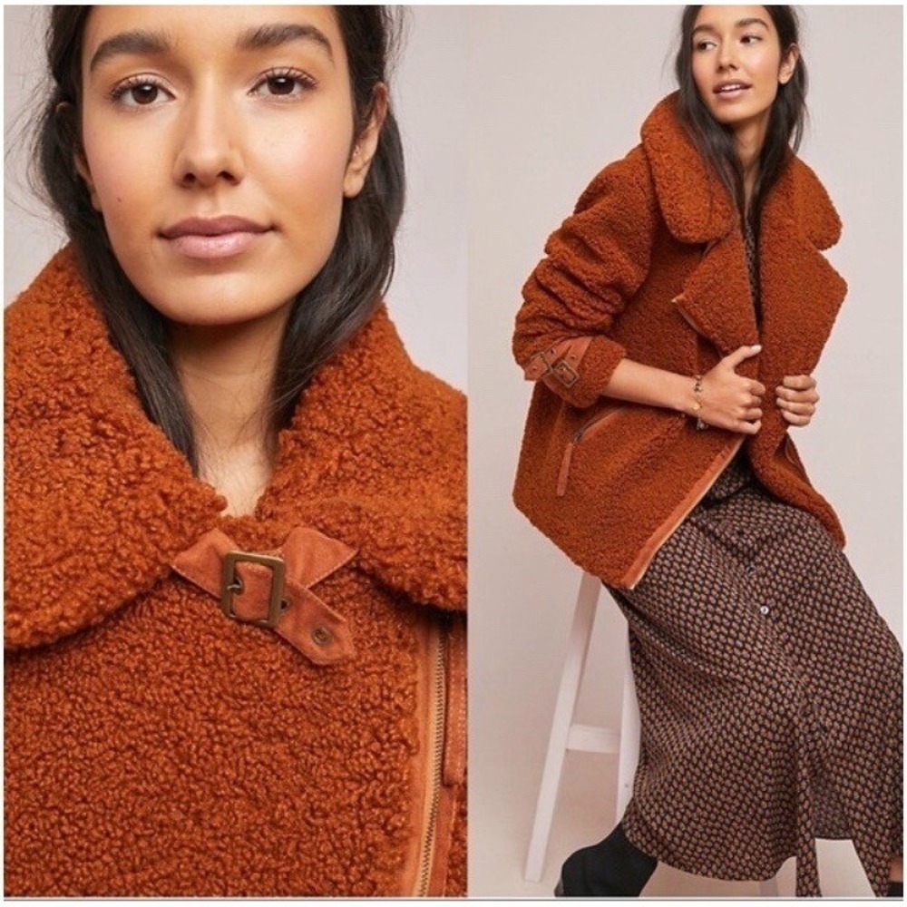 Marrakech Womens Sherpa Moto Jacket Rust Brown Asymmetrical Zip Teddy Coat XS